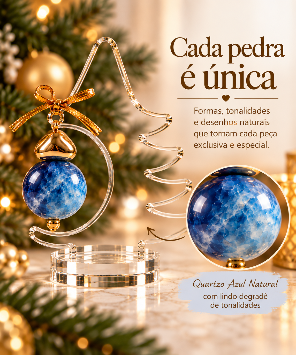Árvore de Natal Decorativa em Acrílico com Esfera de Quartzo Azul – 14 cm