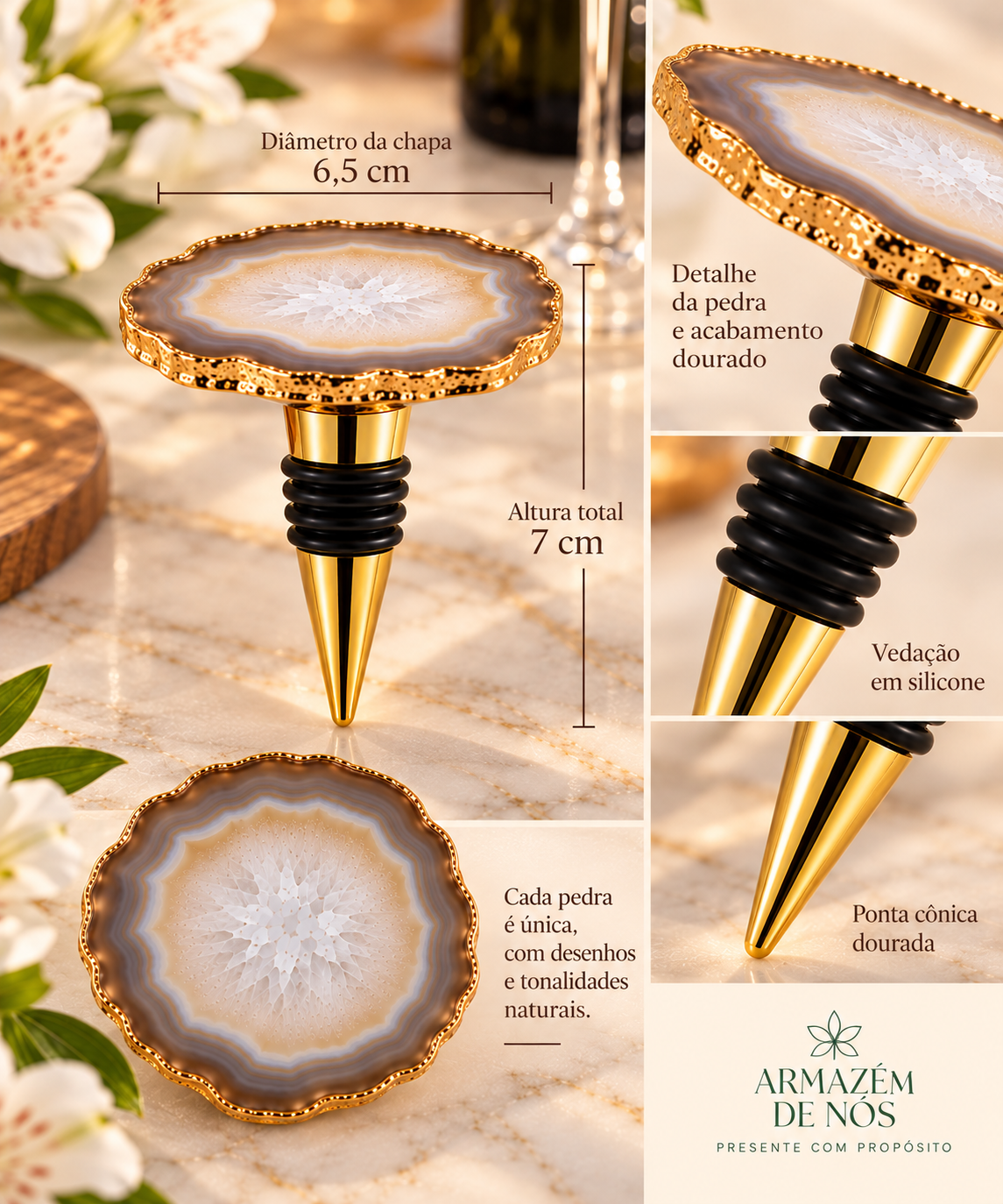 Conjunto para Vinho em Ágata Natural com Borda Dourada – Platter + Stopper (variação 1)