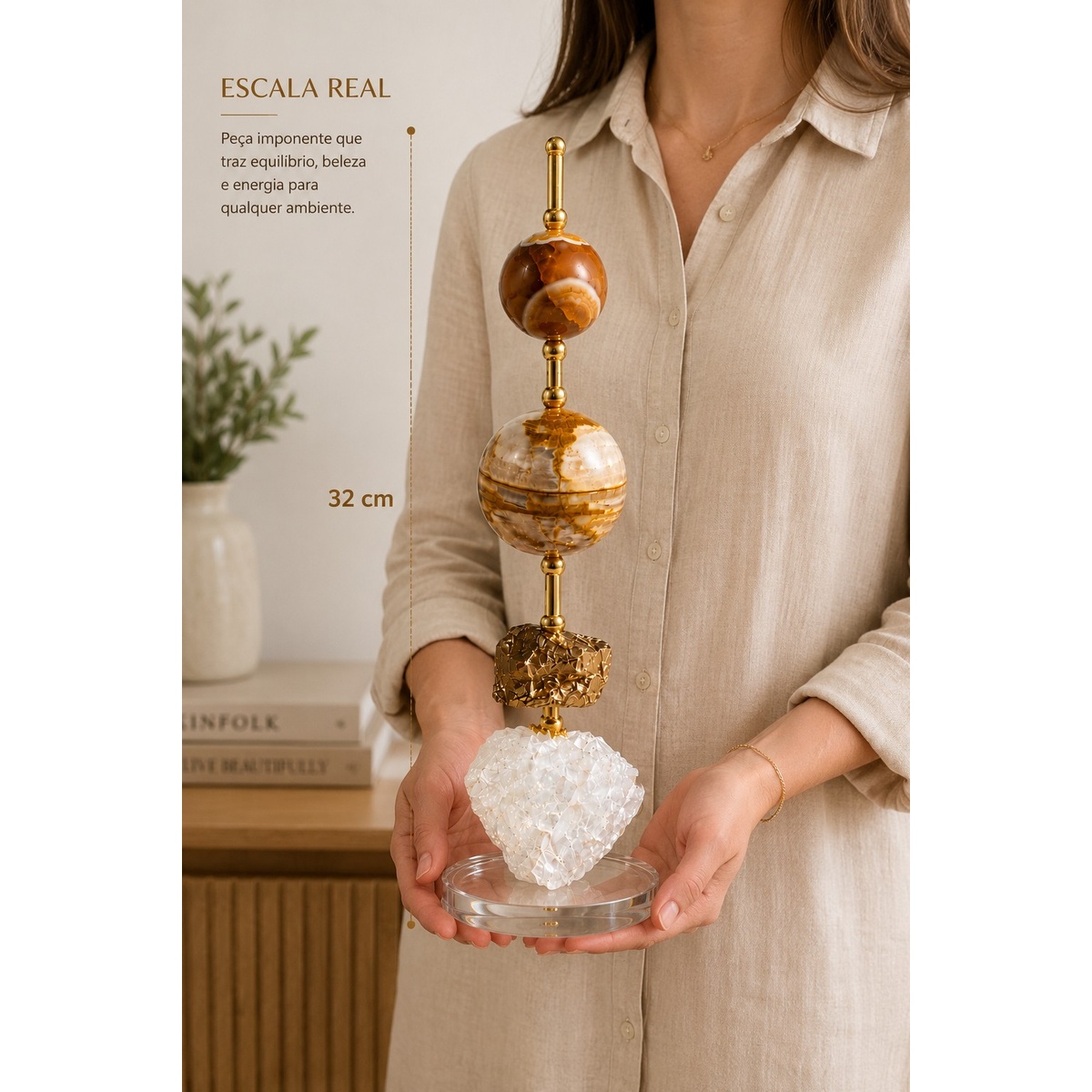 Escultura Decorativa em Ágata Natural com Quartzo Perolizado e Base Acrílica- AN244