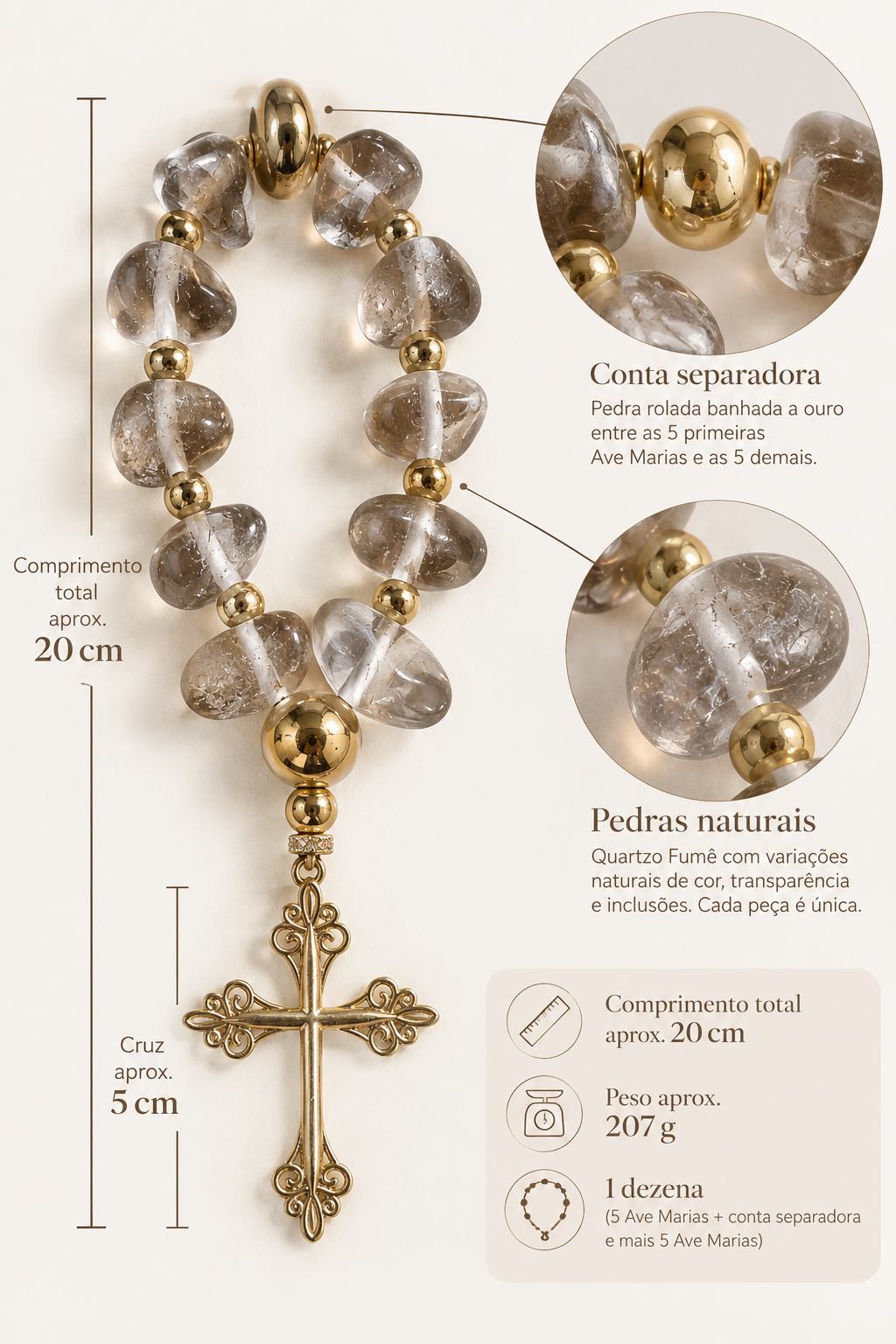 Terço Decorativo em Quartzo Fumê Natural com Cruz Dourada