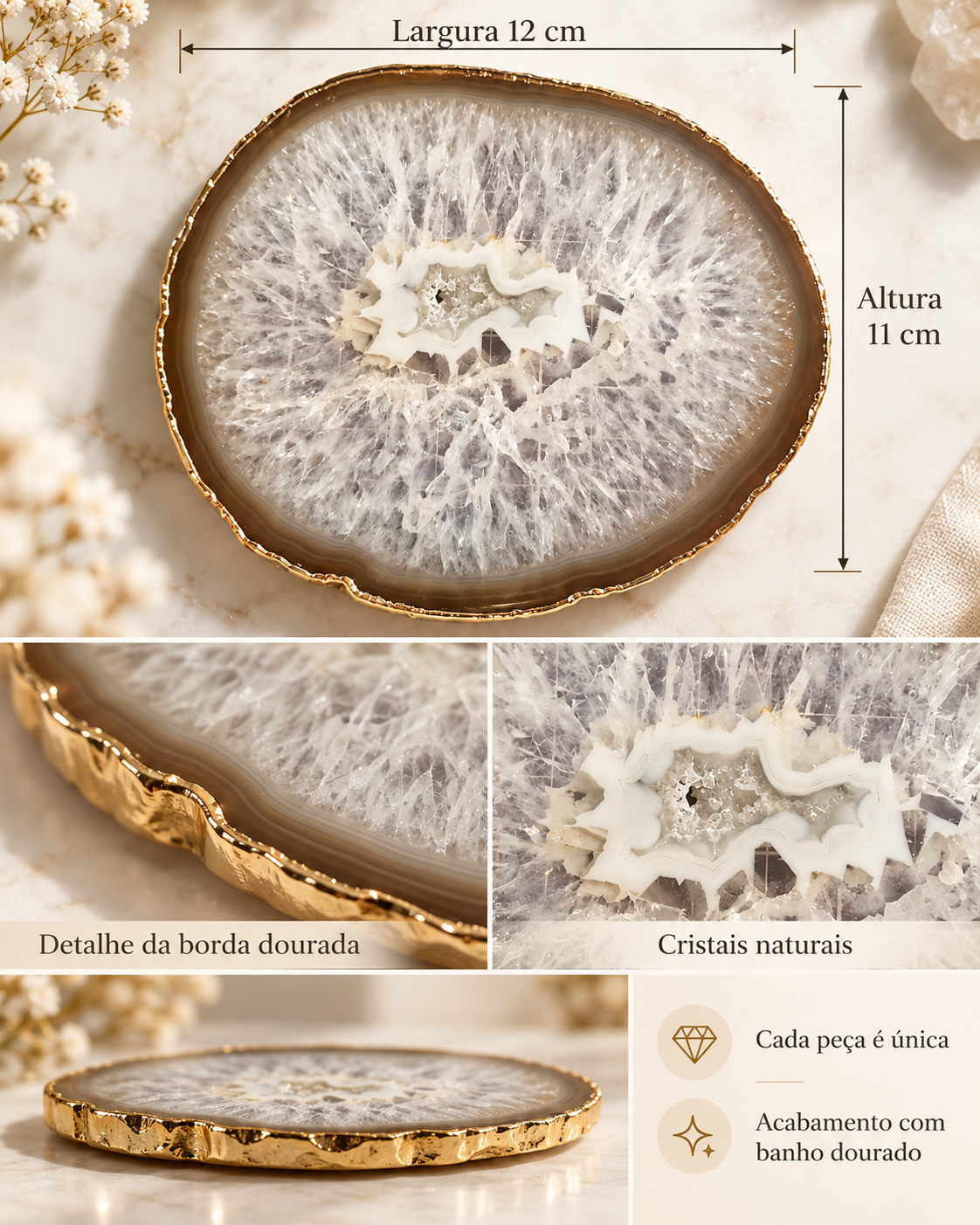 Conjunto para Vinho em Ágata Natural com Borda Dourada – Platter + Stopper (variação 1)