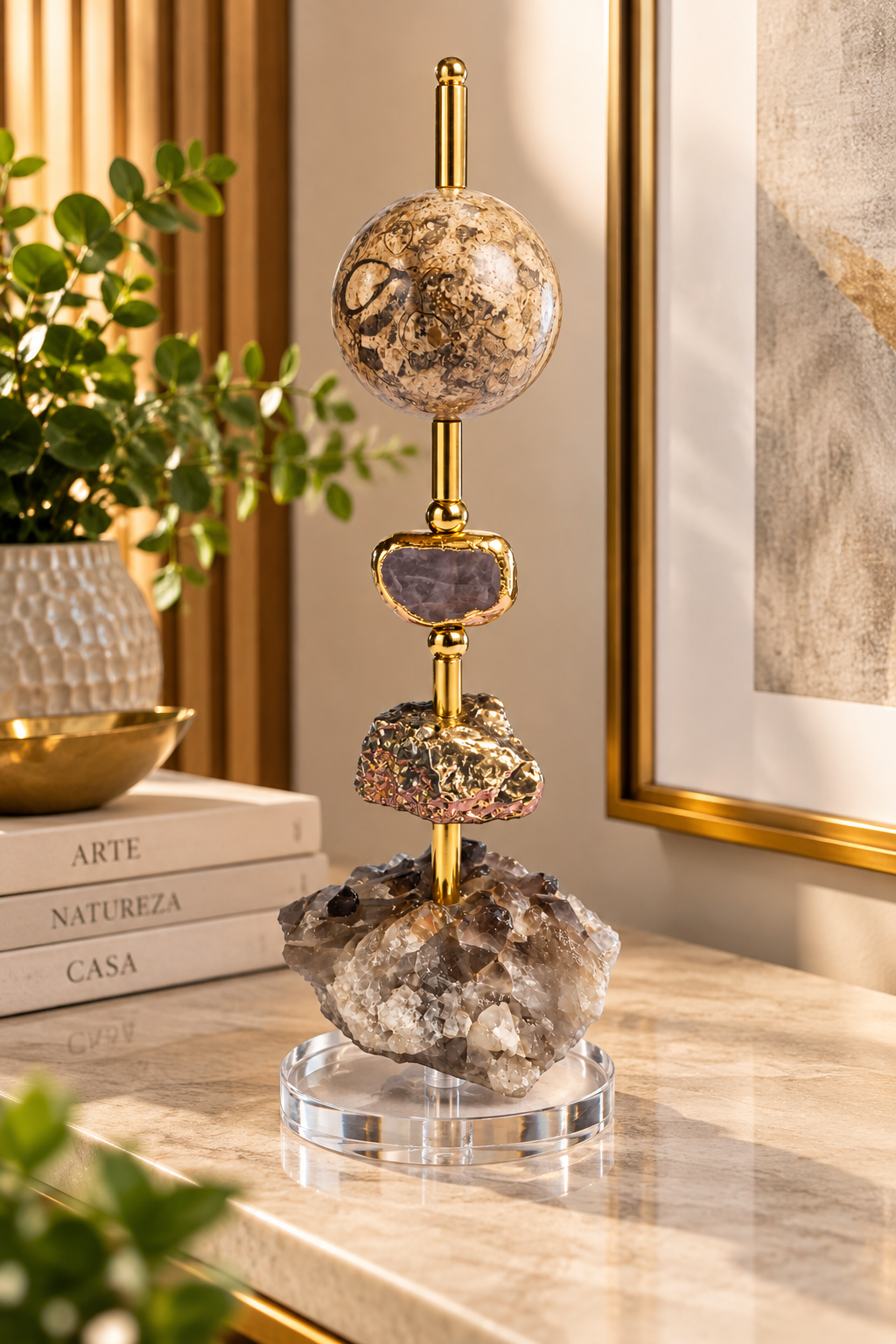 Escultura Decorativa em Ágata Fóssil e Quartzo Fumê com Detalhes Dourados – 32 cm