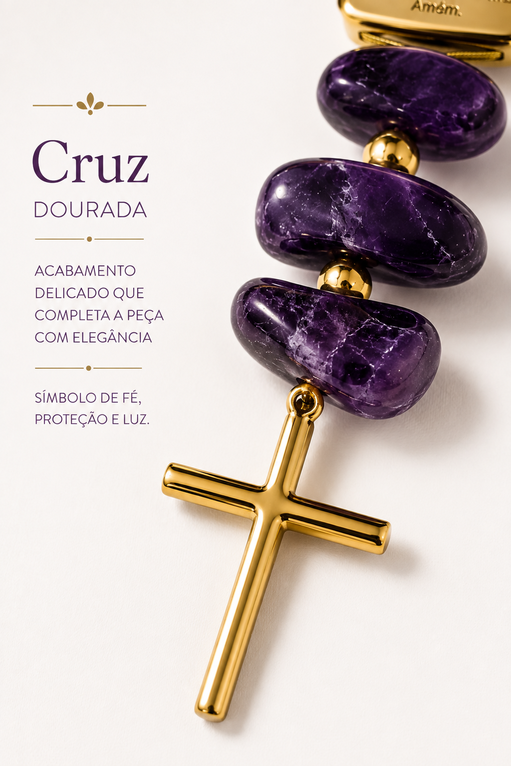 Terço Decorativo em Ametista Natural com Pai Nosso e Cruz Dourada – AN248
