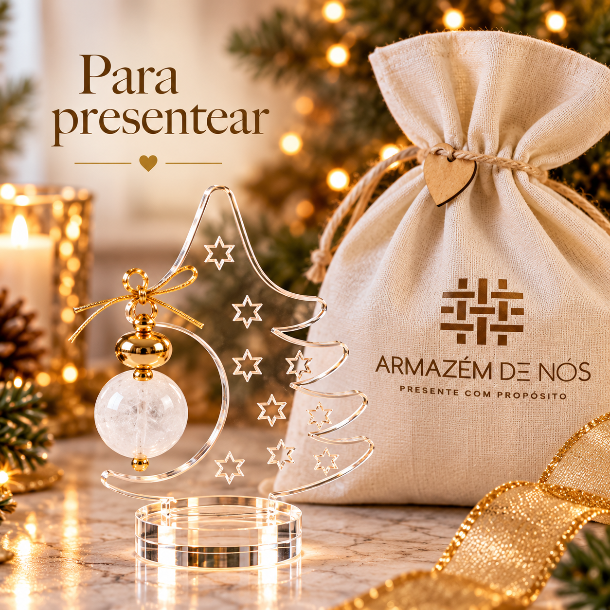 Árvore de Natal Decorativa em Acrílico com Esfera de Quartzo Branco Natural 14 cm