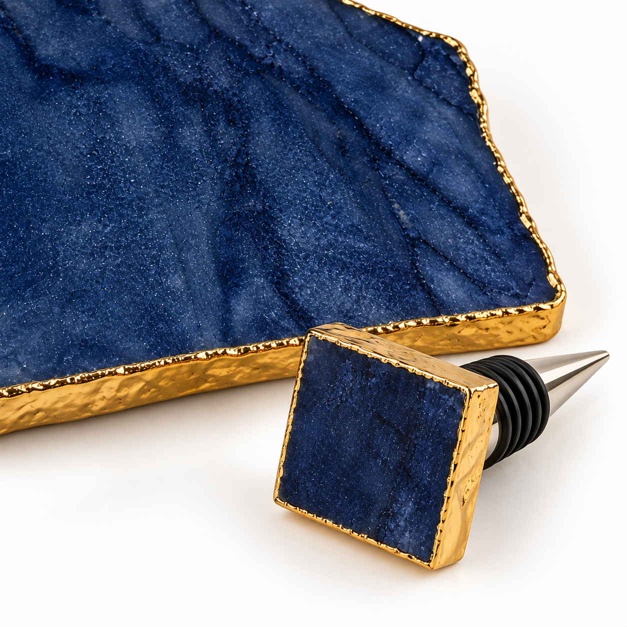 Kit Platter + Stopper em Ágata Azul Natural com Borda Dourada