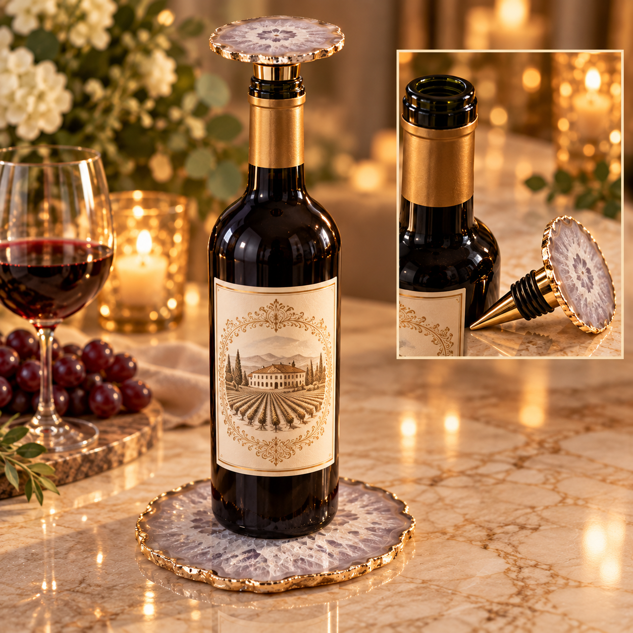 Conjunto para Vinho em Ágata Natural com Borda Dourada – Platter + Stopper (variação 1)