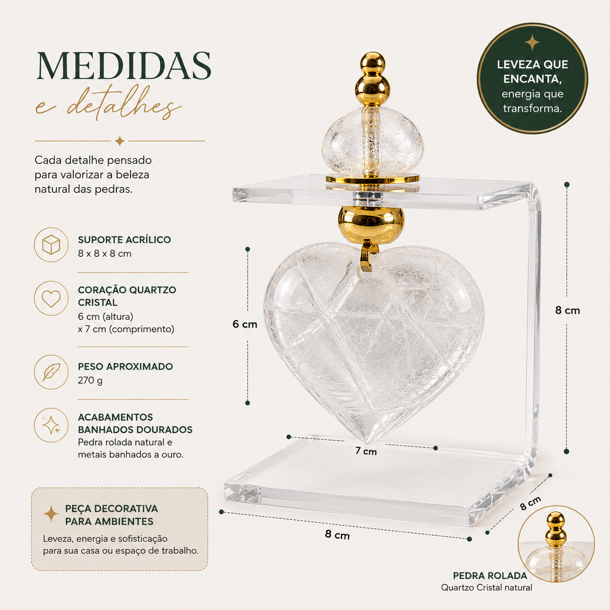 Suporte Acrílico Decorativo com Coração de Quartzo Cristal e Acabamentos Dourados -AN246