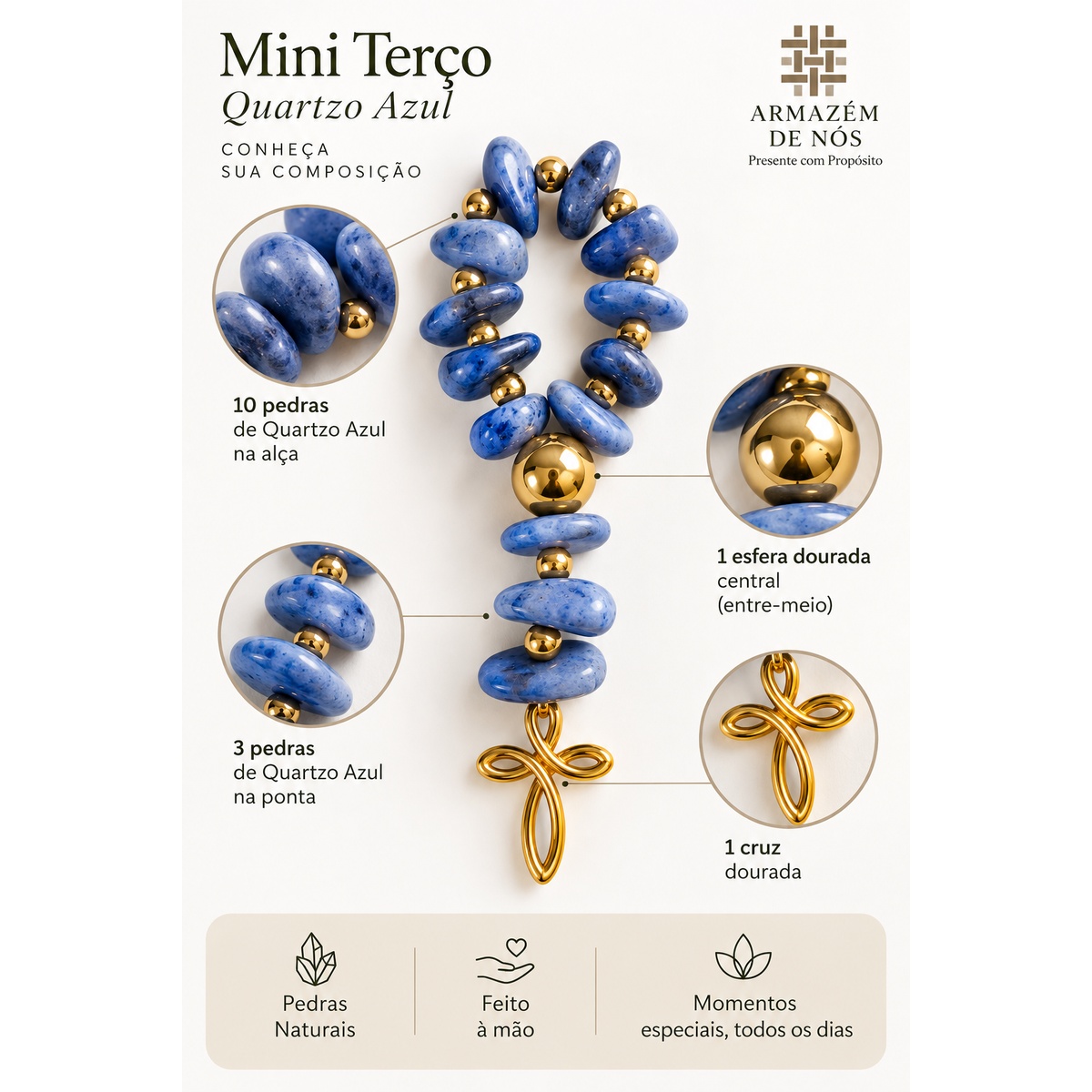 Mini Terço Quartzo Azul em Pedra Natural 16 cm com Cruz Dourada